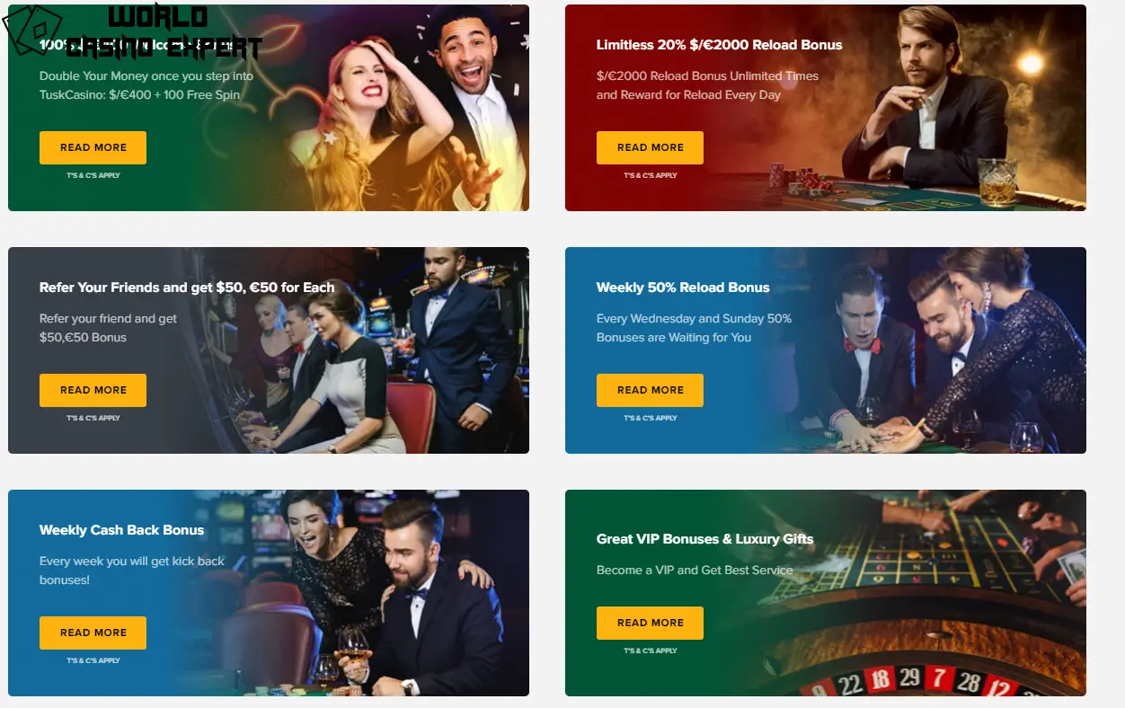 Bonusuri de bun venit și; Promoții în Tusk Casino | World Casino Expert Romania