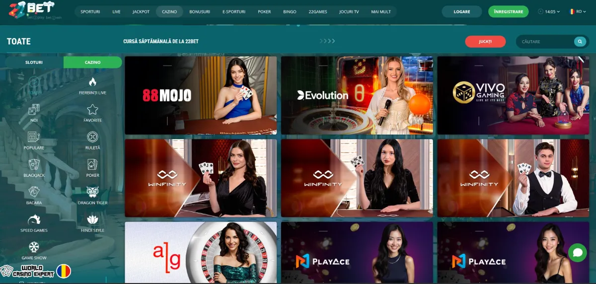 O varietate de jocuri pentru jucătorii din România la 22Bet Casino
